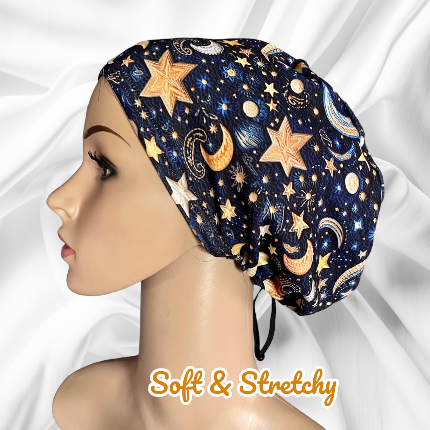 Galaxy Moon Stars Sun Planets Bright Pattern ∙ Scrub Cap Soft & Stretchy ∙ Euro or Unisex style hat ∙ Satin lined option ∙ Adjustable Nurse Cap