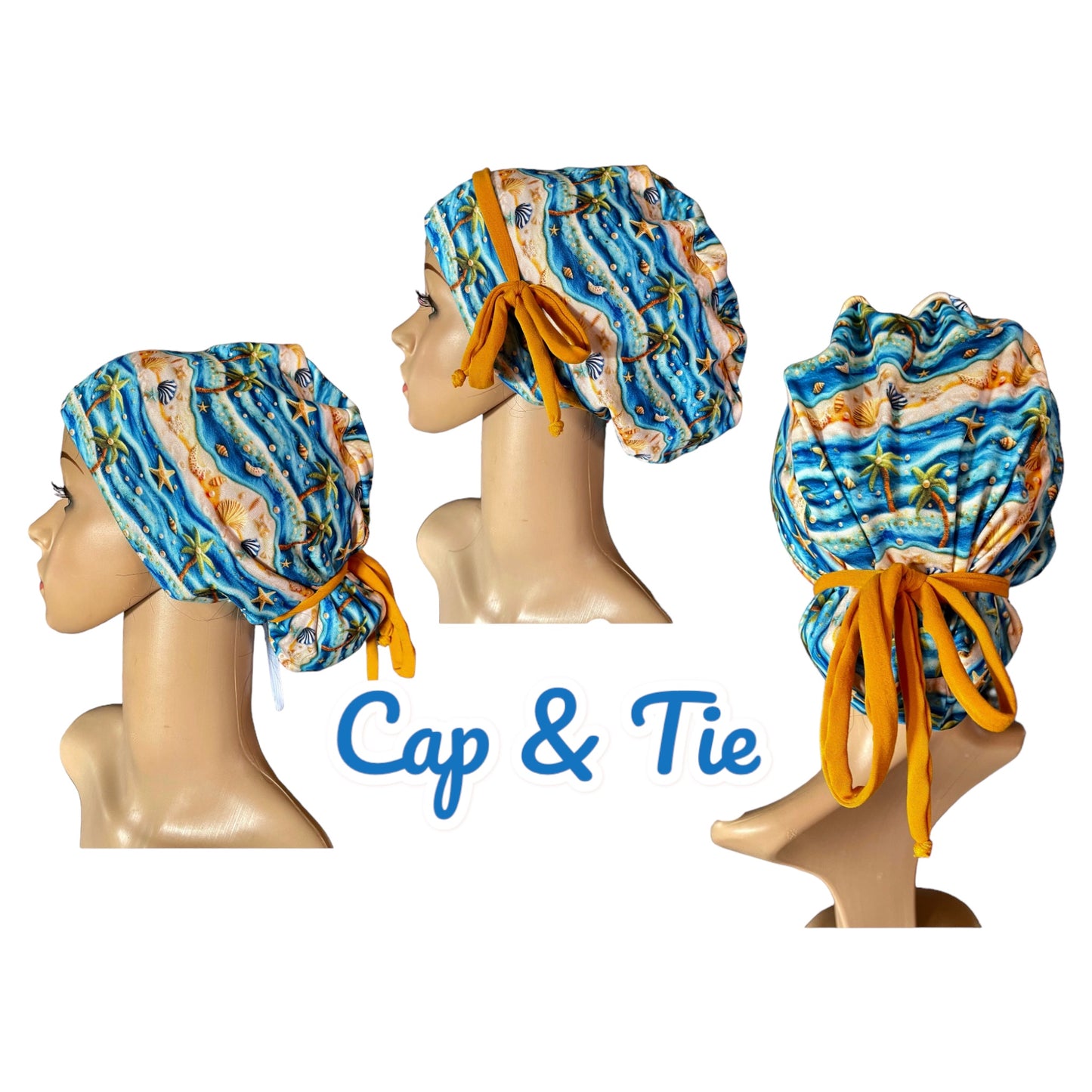 Tropical Palms Sea Shells Ocean 3D Design Pattern ∙ Scrub Cap Soft & Stretchy ∙ Euro or Unisex style hat ∙ Satin lined option ∙ Adjustable Nurse Cap