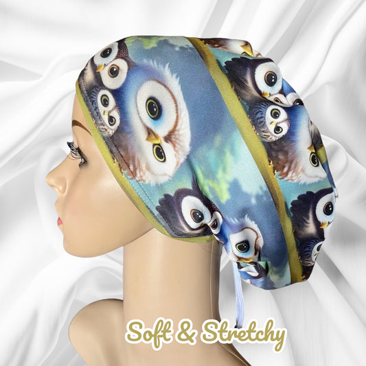 Owls Family Pattern ∙ Scrub Cap Soft & Stretchy ∙ Euro or Unisex style hat ∙ Satin lined option ∙ Adjustable Nurse Cap