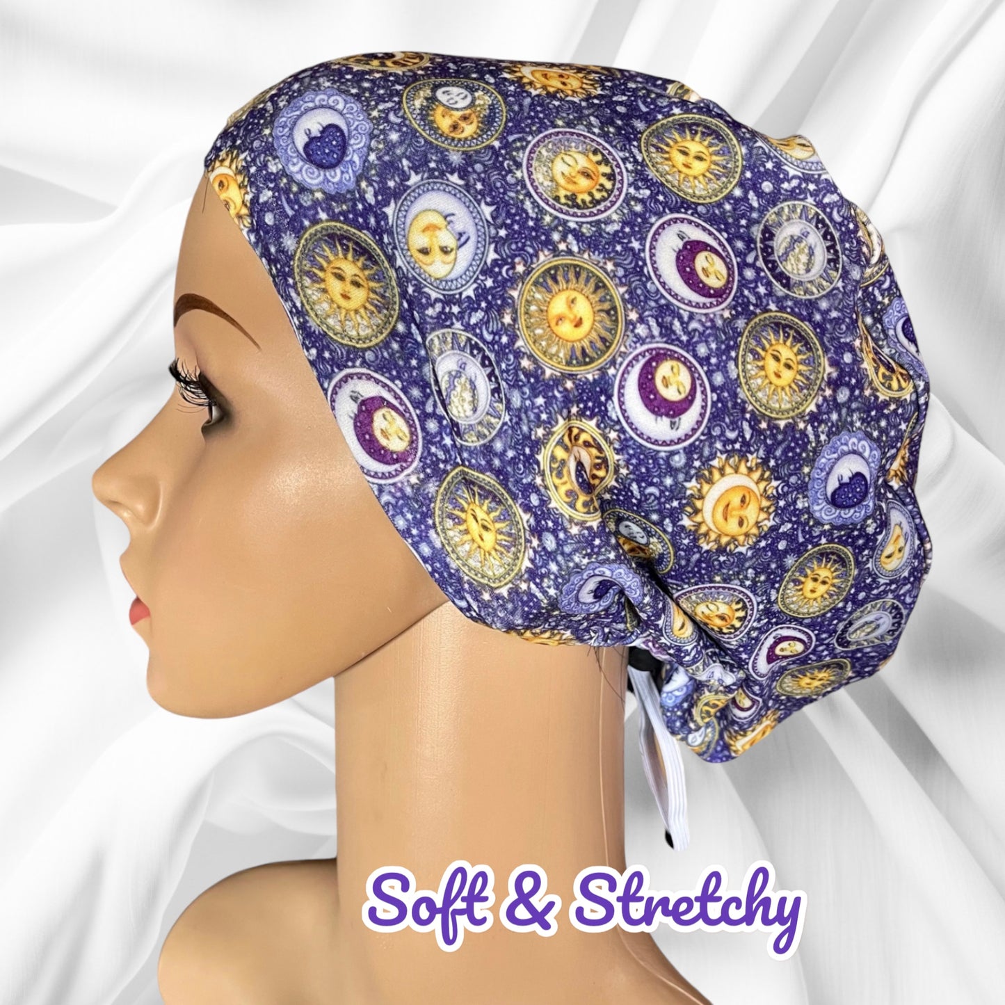 Purple Galaxy Sun and Moon Pattern ∙ Scrub Cap Soft & Stretchy ∙ Euro or Unisex style hat ∙ Satin lined option ∙ Adjustable Nurse Cap