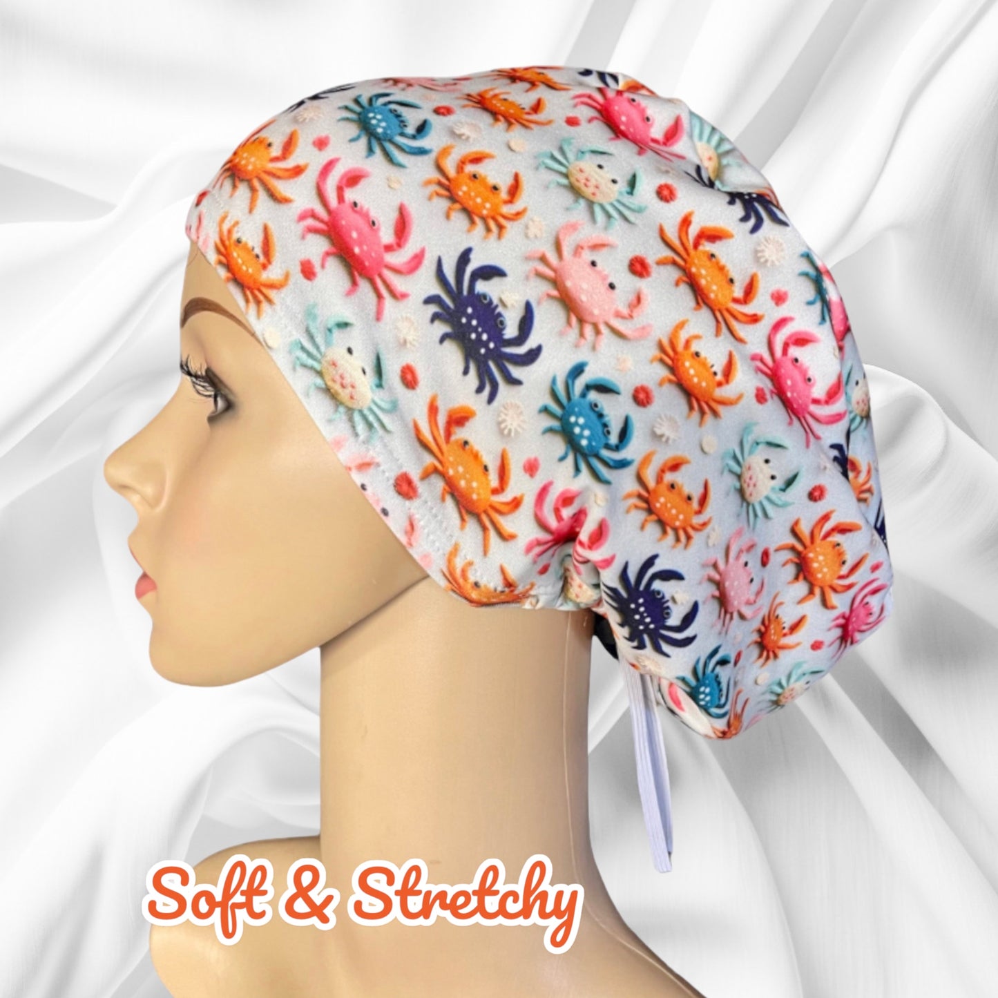 Colorful Crab Pattern ∙ Scrub Cap Soft & Stretchy ∙ Euro or Unisex style hat ∙ Satin lined option ∙ Adjustable Nurse Cap