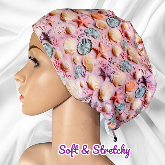 Sea Shells and Stars Corals Lilac 3D Design Pattern ∙ Scrub Cap Soft & Stretchy ∙ Euro or Unisex style hat ∙ Satin lined option ∙ Adjustable Nurse Cap