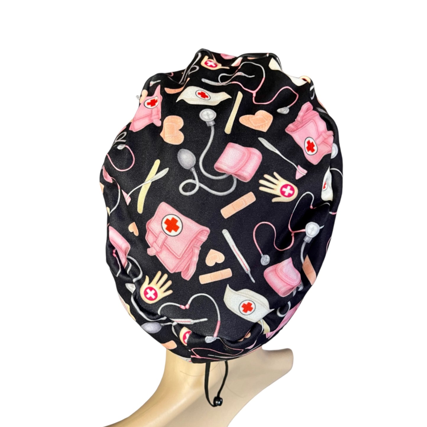 Nurse Black & Pink Pattern ∙ Scrub Cap Soft & Stretchy ∙ Euro or Unisex style hat ∙ Satin lined option ∙ Adjustable Nurse Cap