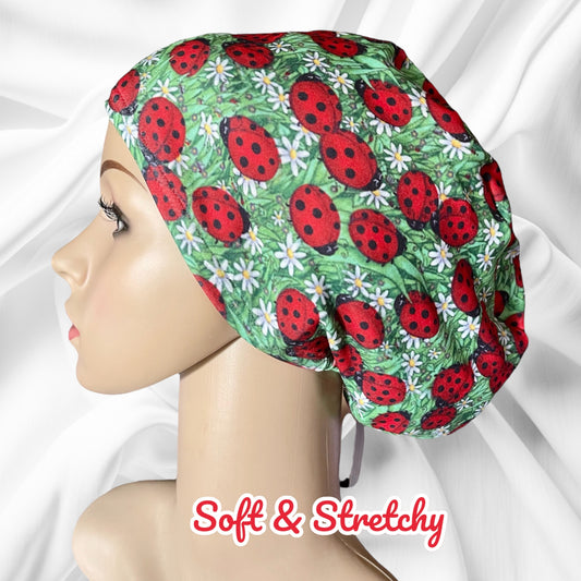 Ladybugs and Chamomile Meadow Pattern ∙ Scrub Cap Soft & Stretchy ∙ Euro or Unisex style hat ∙ Satin lined option ∙ Adjustable Nurse Cap