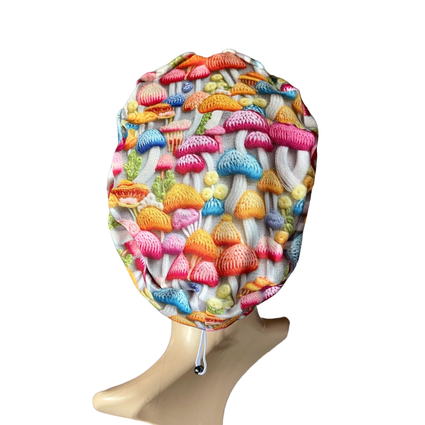 Blue Pink Yellow Mushrooms 3D knit design Pattern ∙ Scrub Cap Soft & Stretchy ∙ Euro or Unisex style hat ∙ Satin lined option ∙ Adjustable Nurse Cap