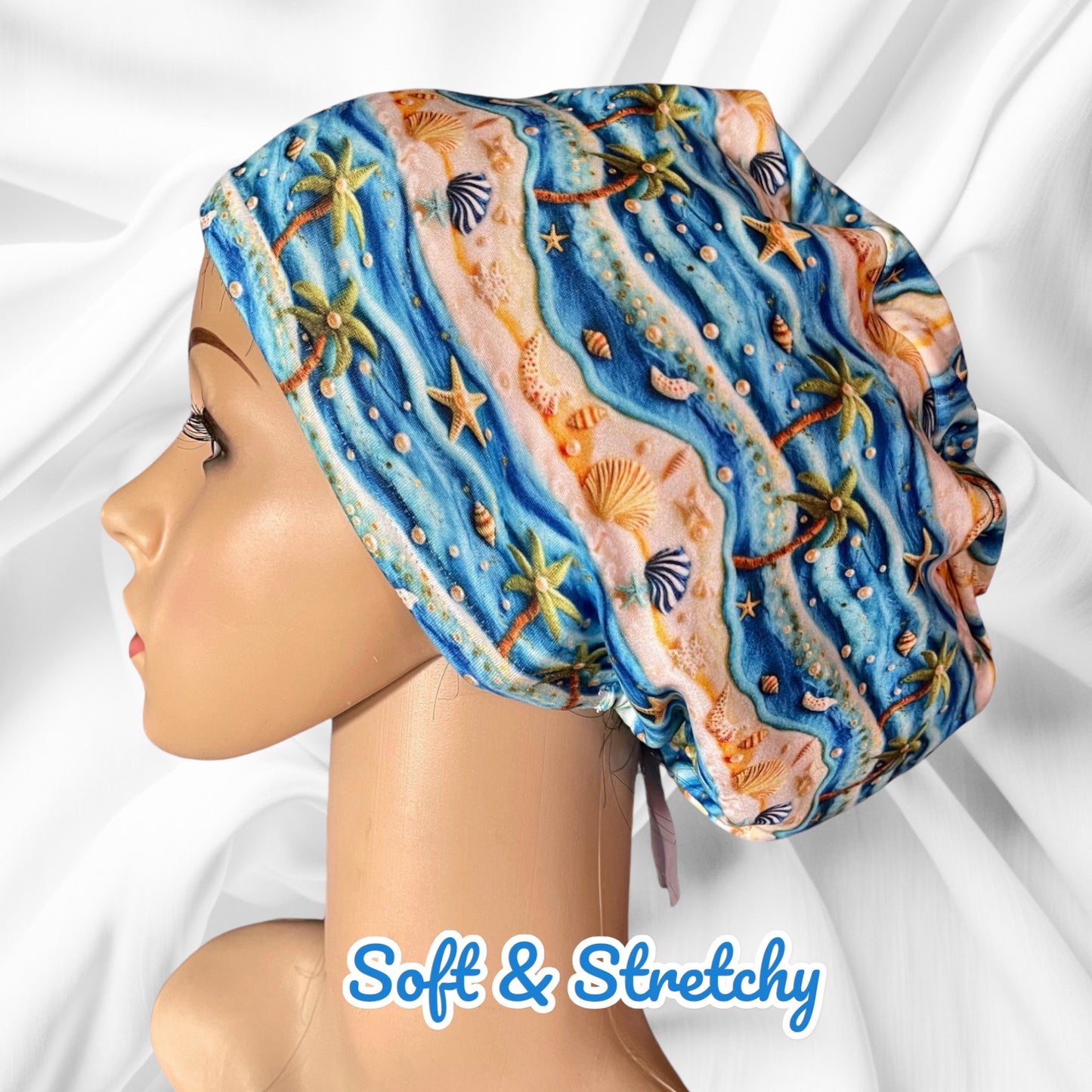 Tropical Palms Sea Shells Ocean 3D Design Pattern ∙ Scrub Cap Soft & Stretchy ∙ Euro or Unisex style hat ∙ Satin lined option ∙ Adjustable Nurse Cap