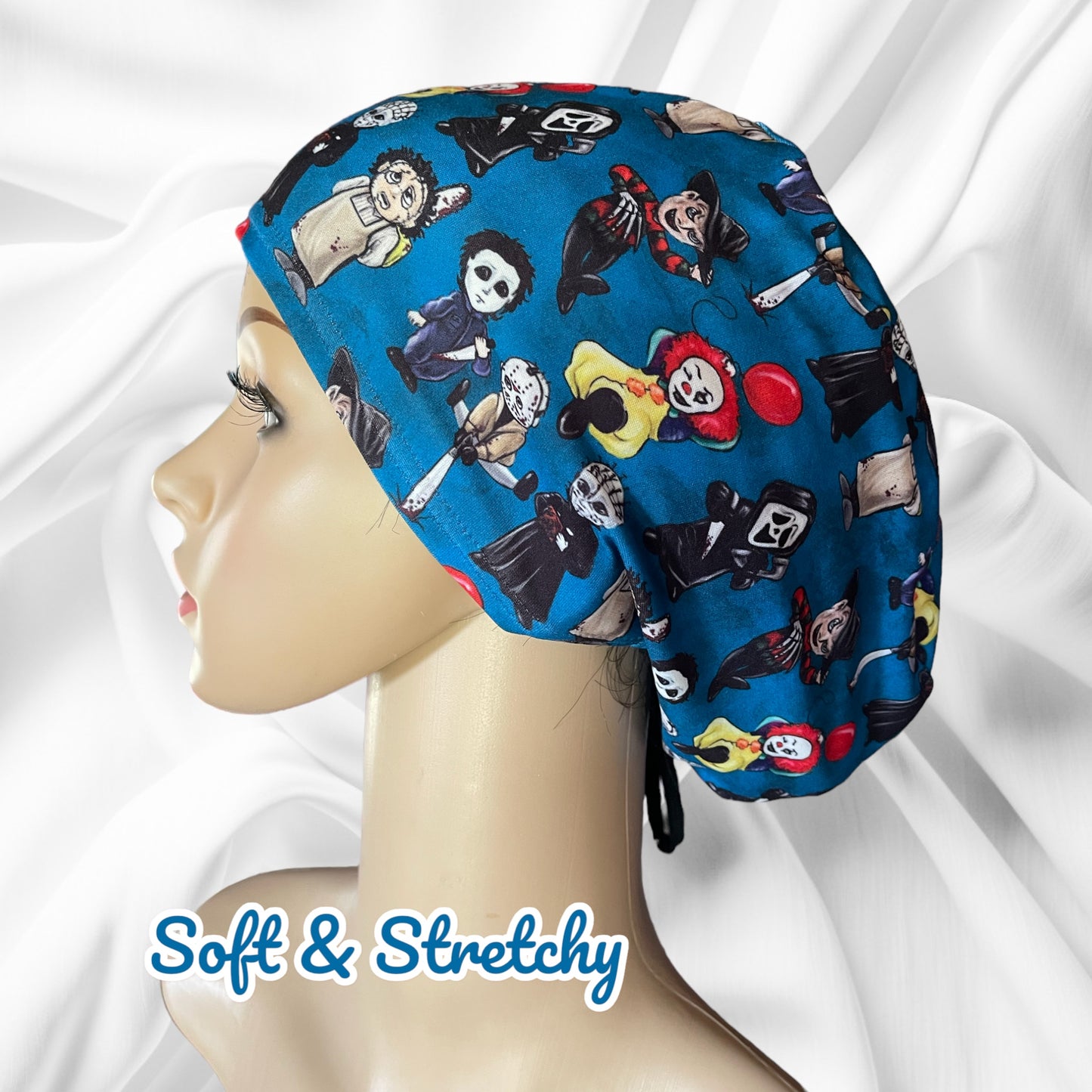 Halloween Party Blue Design Pattern ∙ Scrub Cap Soft & Stretchy ∙ Euro or Unisex style hat ∙ Satin lined option ∙ Adjustable Nurse Cap