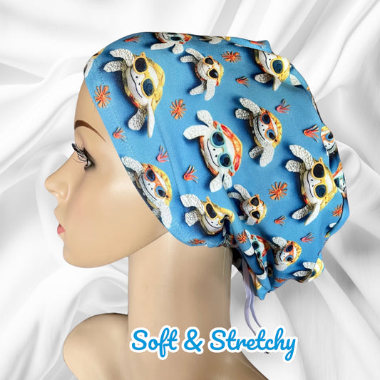 Sea Turtles with glasses Blue Funny 3D Design Pattern ∙ Scrub Cap Soft & Stretchy ∙ Euro or Unisex style hat ∙ Satin lined option ∙ Adjustable Nurse Cap