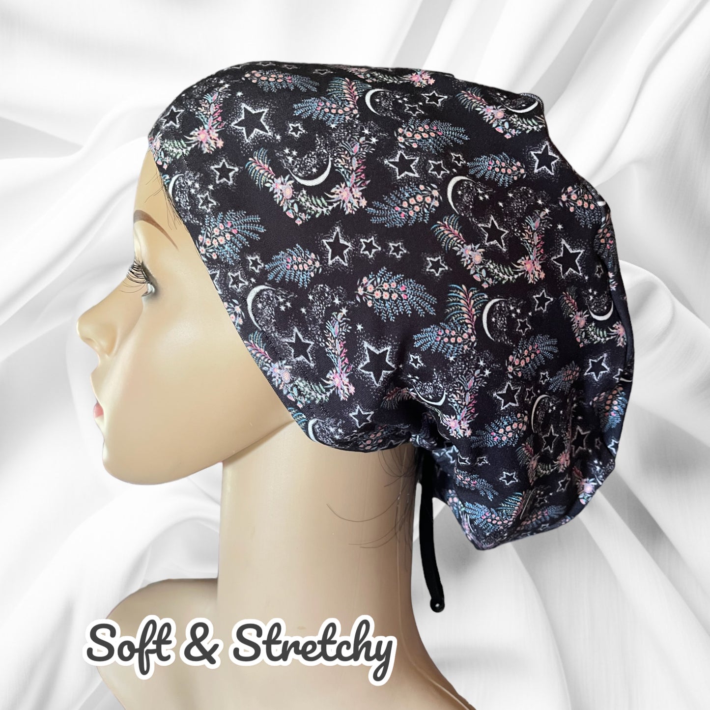 Moon, Stars, Floral Black Design Pattern ∙ Scrub Cap Soft & Stretchy ∙ Euro or Unisex style hat ∙ Satin lined option ∙ Adjustable Nurse Cap (Copy) (Copy)