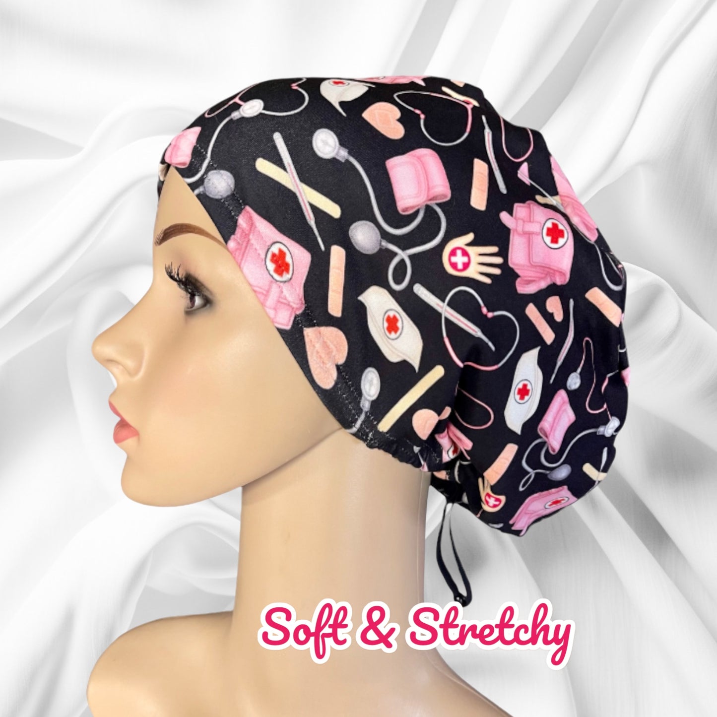 Nurse Black & Pink Pattern ∙ Scrub Cap Soft & Stretchy ∙ Euro or Unisex style hat ∙ Satin lined option ∙ Adjustable Nurse Cap