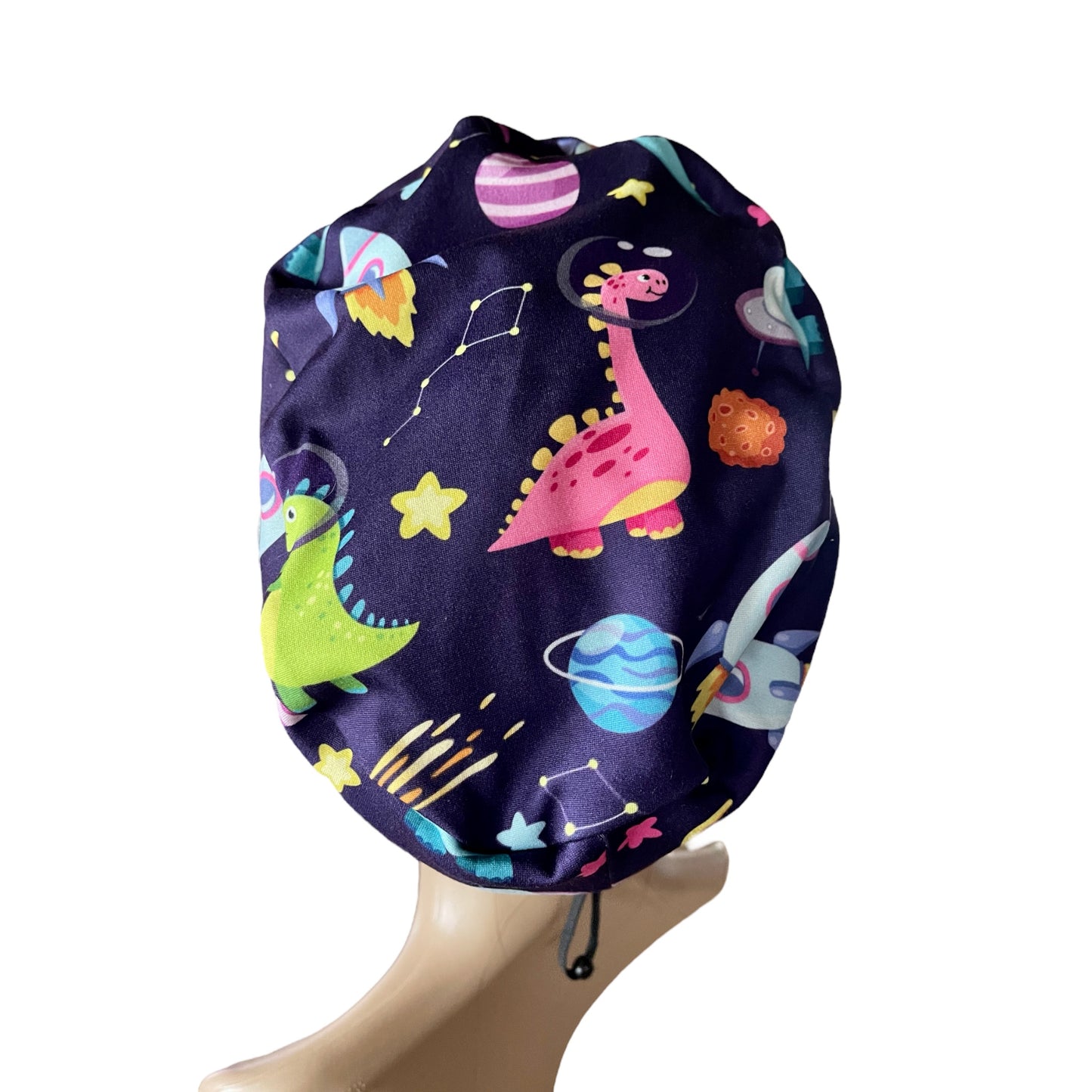 Dino in Space Purple Pattern ∙ Scrub Cap Soft & Stretchy ∙ Euro or Unisex style hat ∙ Satin lined option ∙ Adjustable Nurse Cap