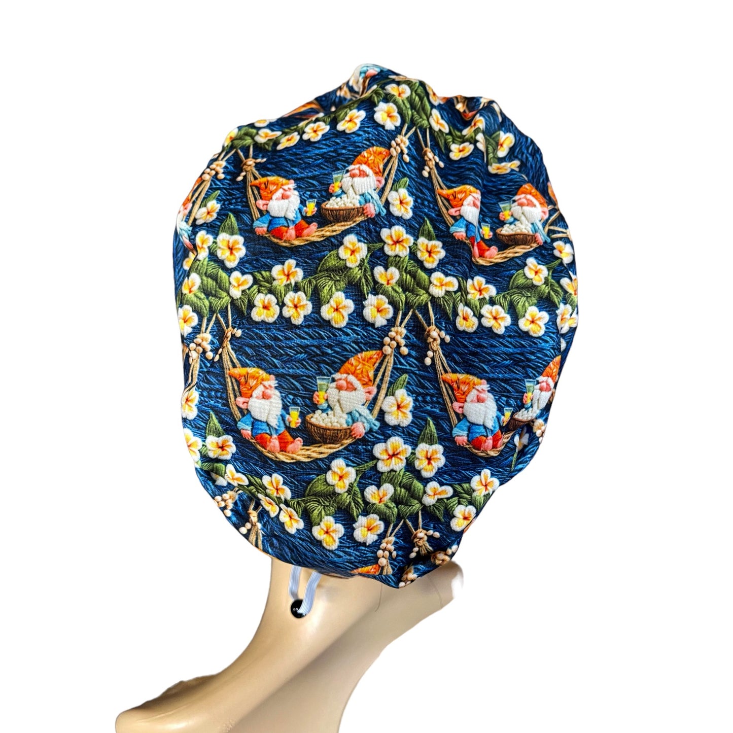 Gnomes on Camping Holiday Colorful & Bright Pattern ∙ Scrub Cap Soft & Stretchy ∙ Euro or Unisex style hat ∙ Satin lined option ∙ Adjustable Nurse Cap