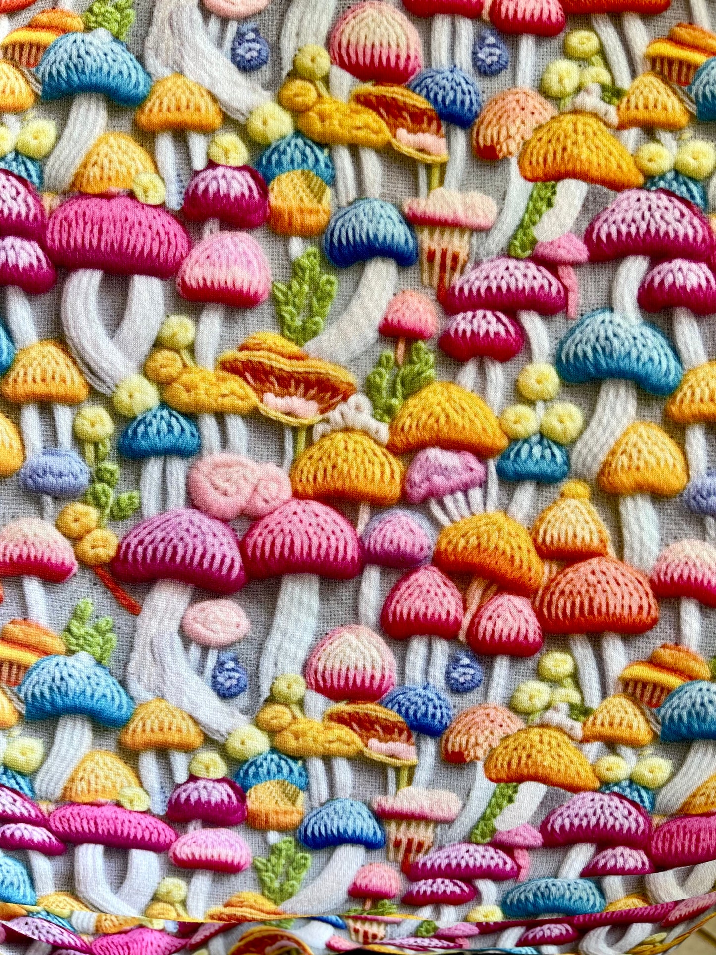 Blue Pink Yellow Mushrooms 3D knit design Pattern ∙ Scrub Cap Soft & Stretchy ∙ Euro or Unisex style hat ∙ Satin lined option ∙ Adjustable Nurse Cap