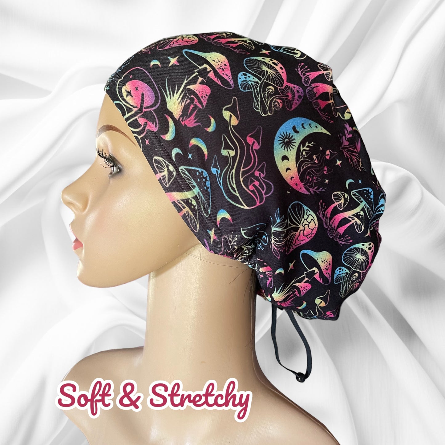 Halloween Luminescent Vibrant Moon & Mushrooms Design Pattern ∙ Scrub Cap Soft & Stretchy ∙ Euro or Unisex style hat ∙ Satin lined option ∙ Adjustable Nurse Cap