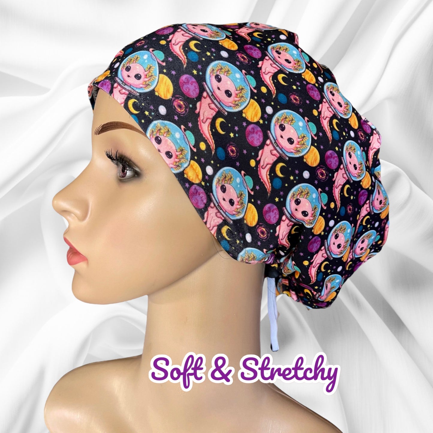 Little Dino in Space Colorful Planets Pattern ∙ Scrub Cap Soft & Stretchy ∙ Euro or Unisex style hat ∙ Satin lined option ∙ Adjustable Nurse Cap