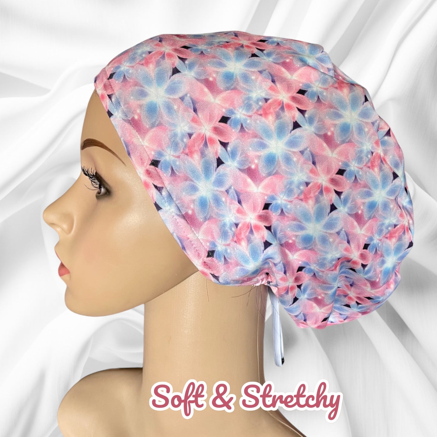 Pink & Blue Chrystal Flowers 3D Design Pattern ∙ Scrub Cap Soft & Stretchy ∙ Euro or Unisex style hat ∙ Satin lined option ∙ Adjustable Nurse Cap