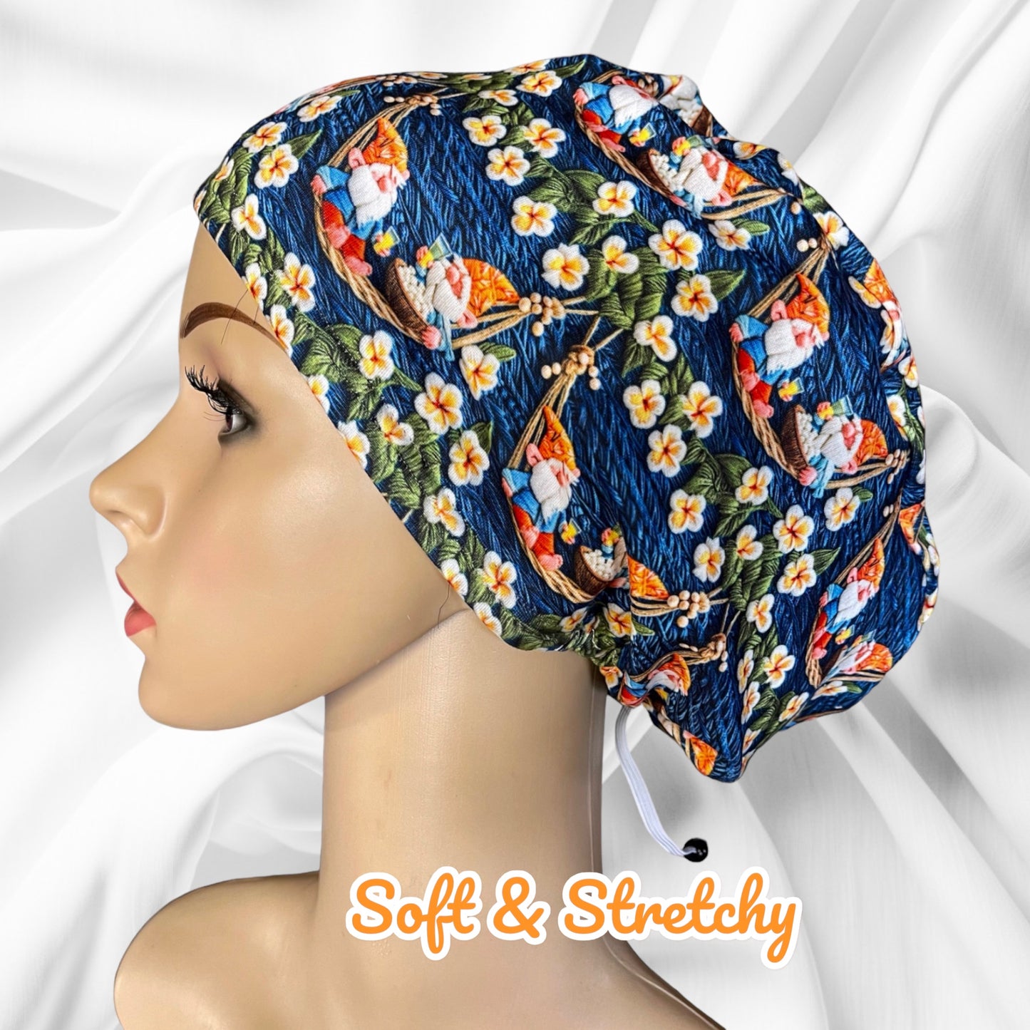 Gnomes on Camping Holiday Colorful & Bright Pattern ∙ Scrub Cap Soft & Stretchy ∙ Euro or Unisex style hat ∙ Satin lined option ∙ Adjustable Nurse Cap