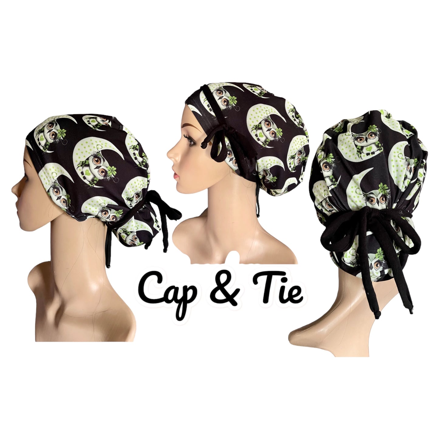 Awls on the Moon Green & Black Pattern ∙ Scrub Cap Soft & Stretchy ∙ Euro or Unisex style hat ∙ Satin lined option ∙ Adjustable Nurse Cap