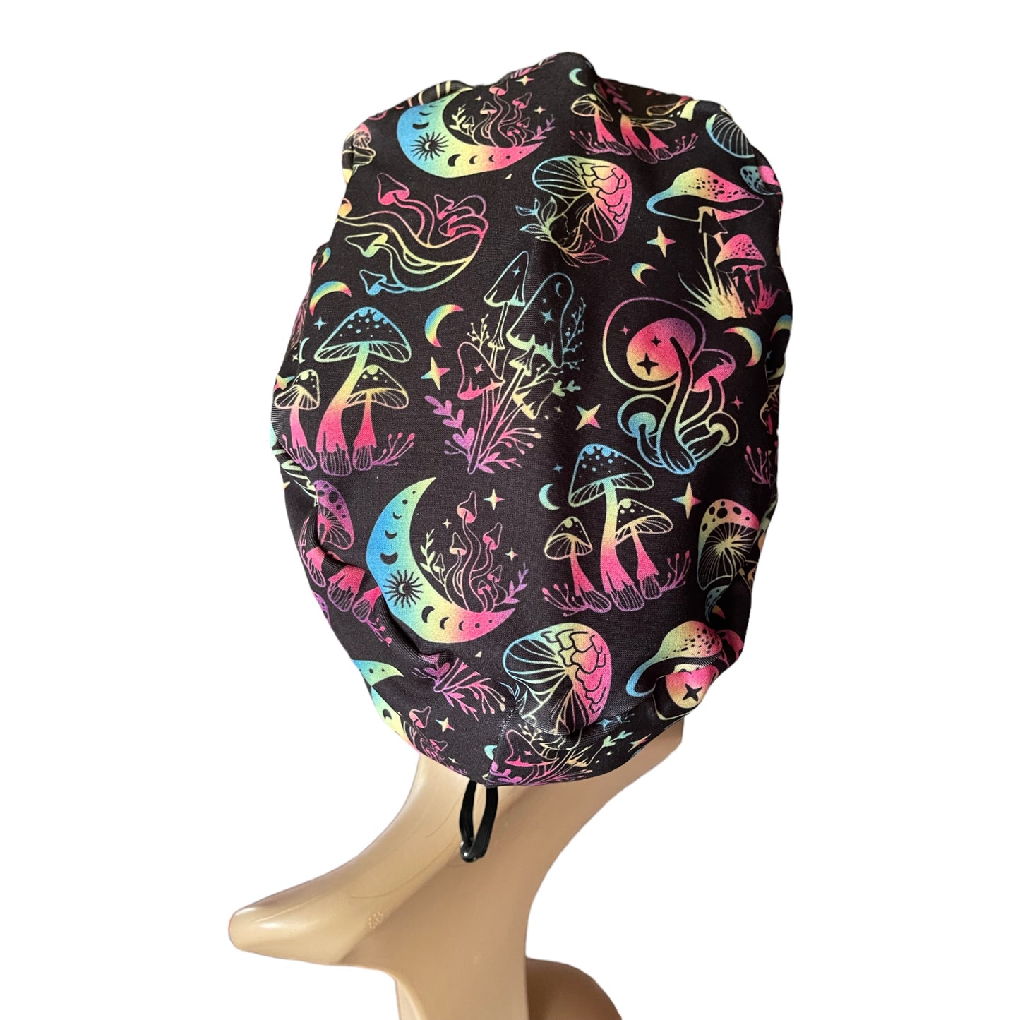 Halloween Luminescent Vibrant Moon & Mushrooms Design Pattern ∙ Scrub Cap Soft & Stretchy ∙ Euro or Unisex style hat ∙ Satin lined option ∙ Adjustable Nurse Cap