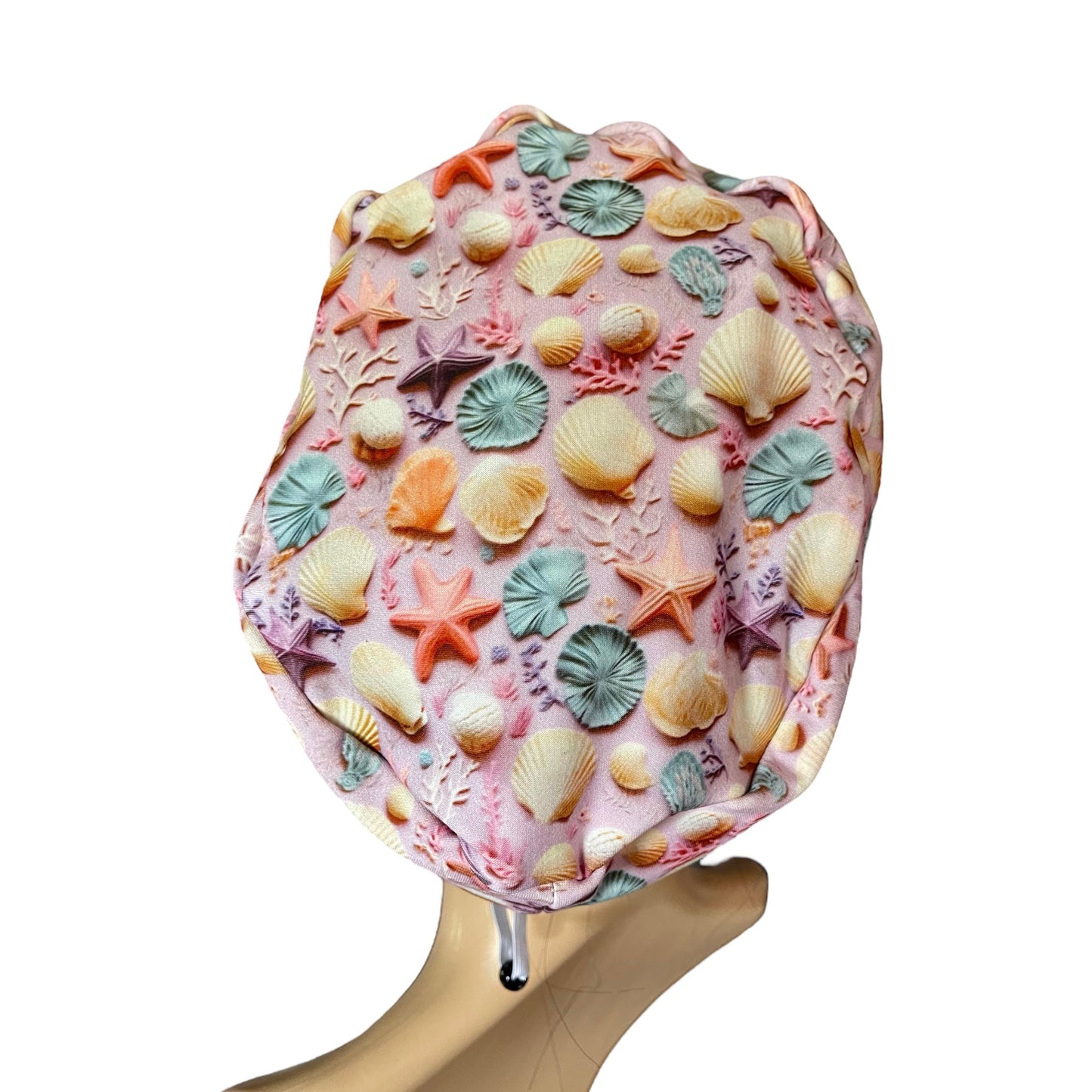 Sea Shells and Stars Corals Lilac 3D Design Pattern ∙ Scrub Cap Soft & Stretchy ∙ Euro or Unisex style hat ∙ Satin lined option ∙ Adjustable Nurse Cap