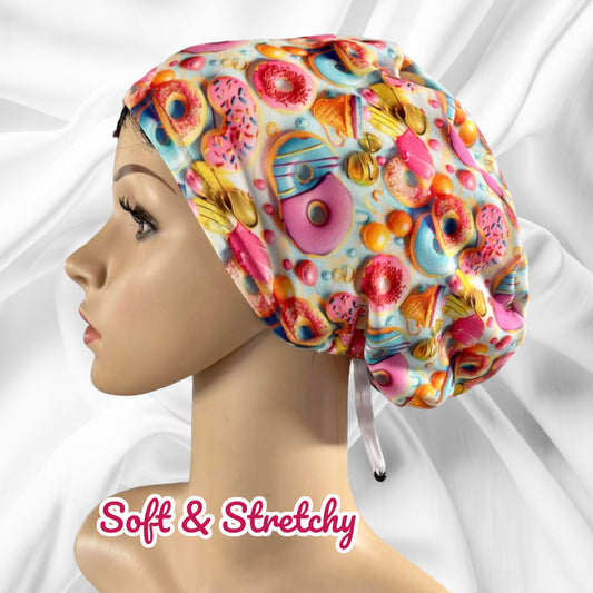 Color Donut Pattern ∙ Scrub Cap Soft & Stretchy ∙ Euro or Unisex style hat ∙ Satin lined option ∙ Adjustable Nurse Cap