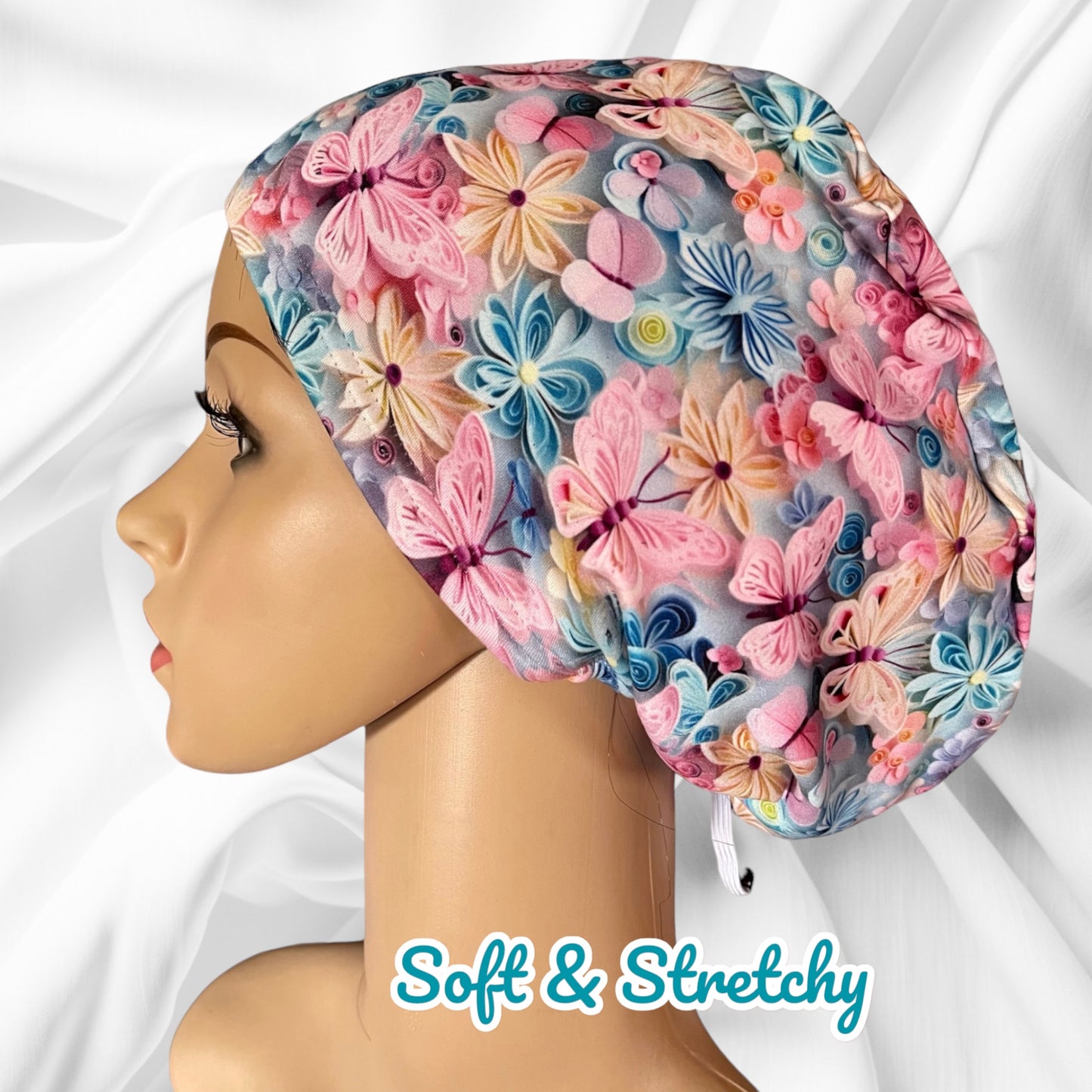 Pink Blue Yellow Butterflies 3D Design Pattern ∙ Scrub Cap Soft & Stretchy ∙ Euro or Unisex style hat ∙ Satin lined option ∙ Adjustable Nurse Cap