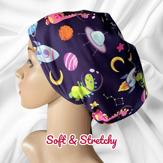 Dino in Space Purple Pattern ∙ Scrub Cap Soft & Stretchy ∙ Euro or Unisex style hat ∙ Satin lined option ∙ Adjustable Nurse Cap