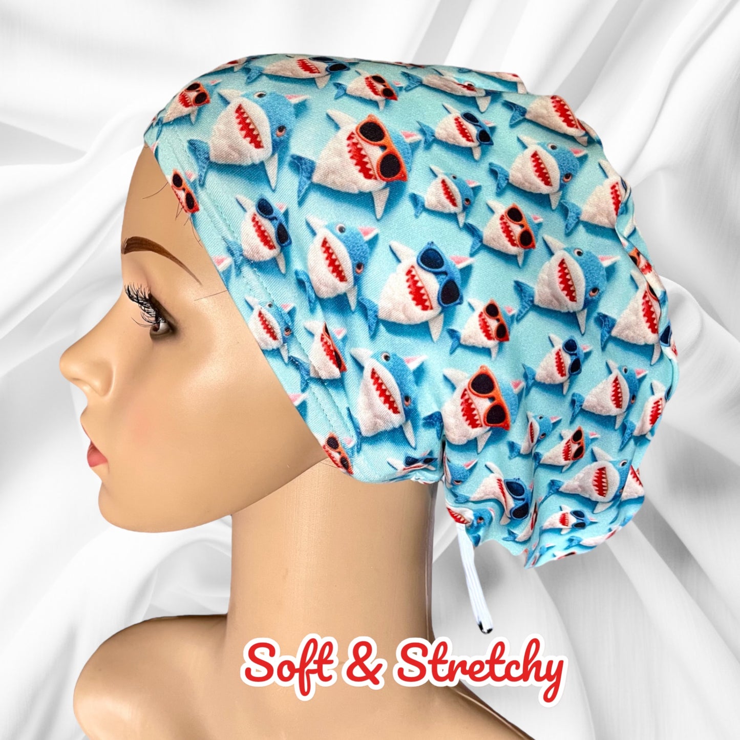 Shark with Glasses Funny Blue Design Pattern ∙ Scrub Cap Soft & Stretchy ∙ Euro or Unisex style hat ∙ Satin lined option ∙ Adjustable Nurse Cap