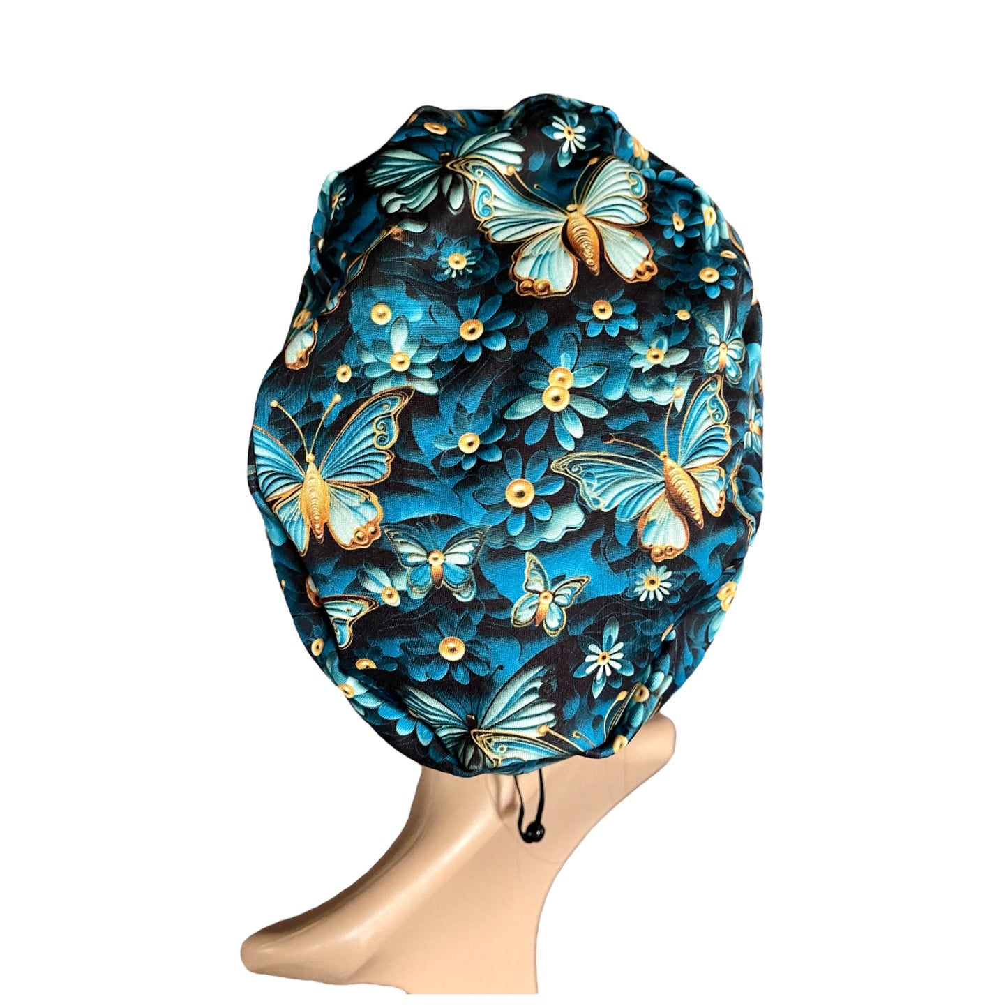 Gold Butterflies and Royal Blue Flowers 3D Design Pattern ∙ Scrub Cap Soft & Stretchy ∙ Euro or Unisex style hat ∙ Satin lined option ∙ Adjustable Nurse Cap