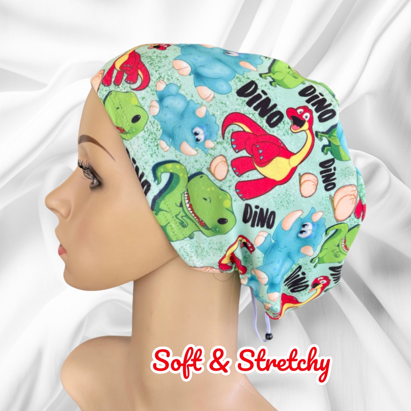 Colorful & Bright Dino Pattern ∙ Scrub Cap Soft & Stretchy ∙ Euro or Unisex style hat ∙ Satin lined option ∙ Adjustable Nurse Cap