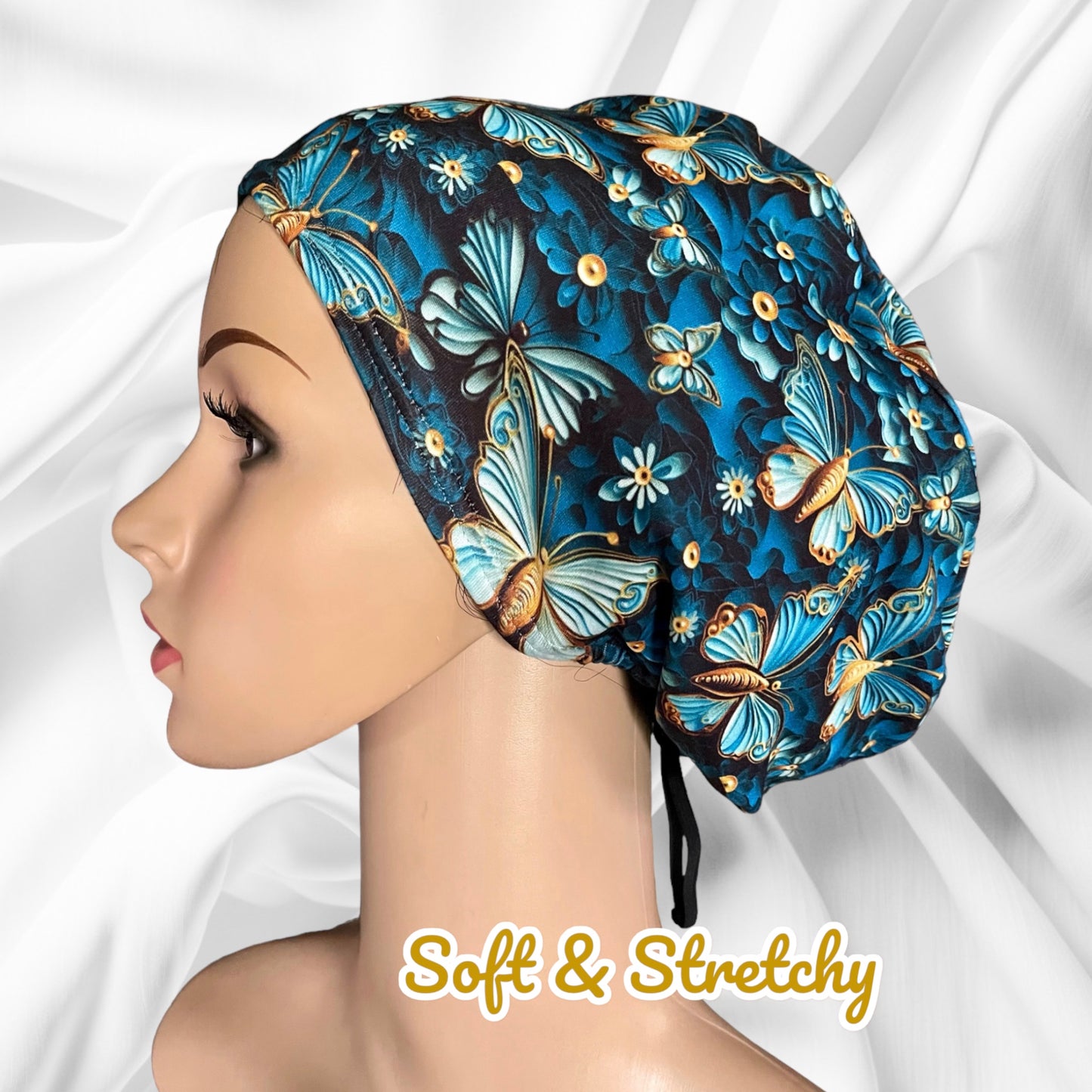 Gold Butterflies and Royal Blue Flowers 3D Design Pattern ∙ Scrub Cap Soft & Stretchy ∙ Euro or Unisex style hat ∙ Satin lined option ∙ Adjustable Nurse Cap