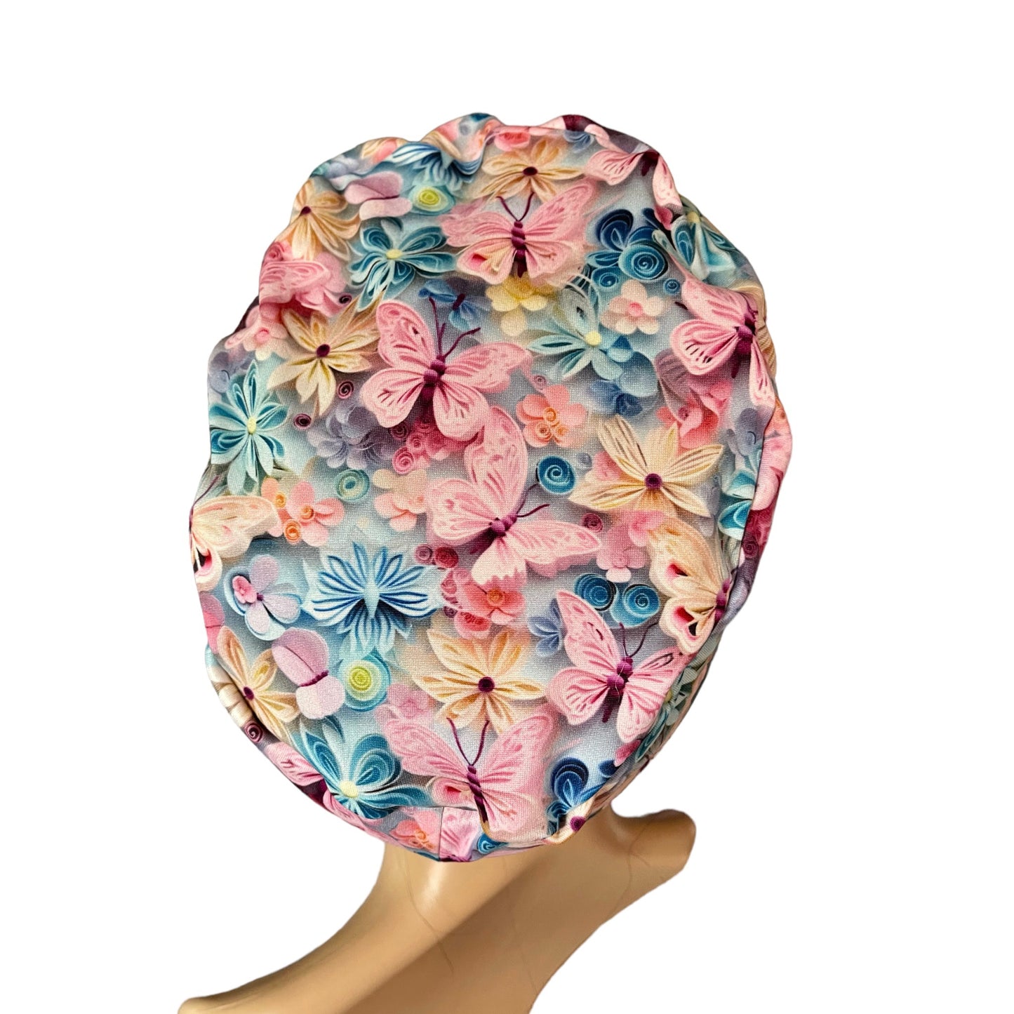 Pink Blue Yellow Butterflies 3D Design Pattern ∙ Scrub Cap Soft & Stretchy ∙ Euro or Unisex style hat ∙ Satin lined option ∙ Adjustable Nurse Cap