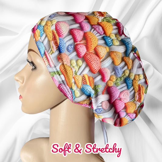 Blue Pink Yellow Mushrooms 3D knit design Pattern ∙ Scrub Cap Soft & Stretchy ∙ Euro or Unisex style hat ∙ Satin lined option ∙ Adjustable Nurse Cap