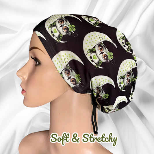 Awls on the Moon Green & Black Pattern ∙ Scrub Cap Soft & Stretchy ∙ Euro or Unisex style hat ∙ Satin lined option ∙ Adjustable Nurse Cap