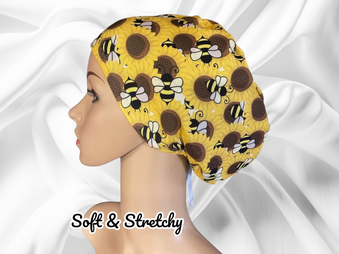 Bumble Bee and Sunflower Pattern  ∙ Scrub Cap Soft & Stretchy ∙ Euro or Unisex style hat ∙ Satin lined option ∙ Adjustable Nurse Cap