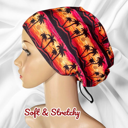 Tropical Palms in Sunset ∙ Scrub Cap Soft & Stretchy ∙ Euro or Unisex style hat ∙ Satin lined option ∙ Adjustable Nurse Cap