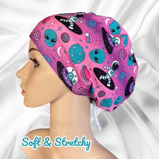 Teal Alien Purple Pattern ∙ Scrub Cap Soft & Stretchy ∙ Euro or Unisex style hat ∙ Satin lined option ∙ Adjustable Nurse Cap