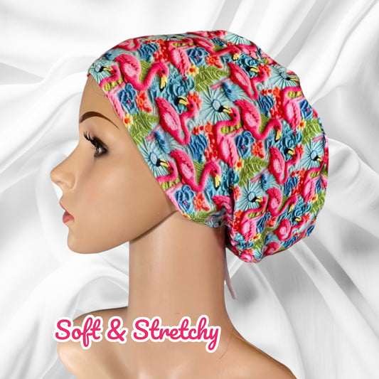 Pink Flamingos Green Palm Trees and Blue Flowers ∙ Scrub Cap Soft & Stretchy ∙ Euro or Unisex style hat ∙ Satin lined option ∙ Adjustable Nurse Cap