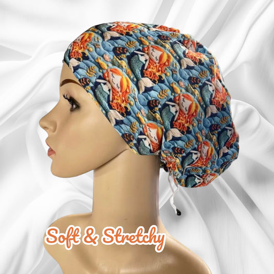 Ocean Mermaid and Fish Pattern ∙ Scrub Cap Soft & Stretchy ∙ Euro or Unisex style hat ∙ Satin lined option ∙ Adjustable Nurse Cap