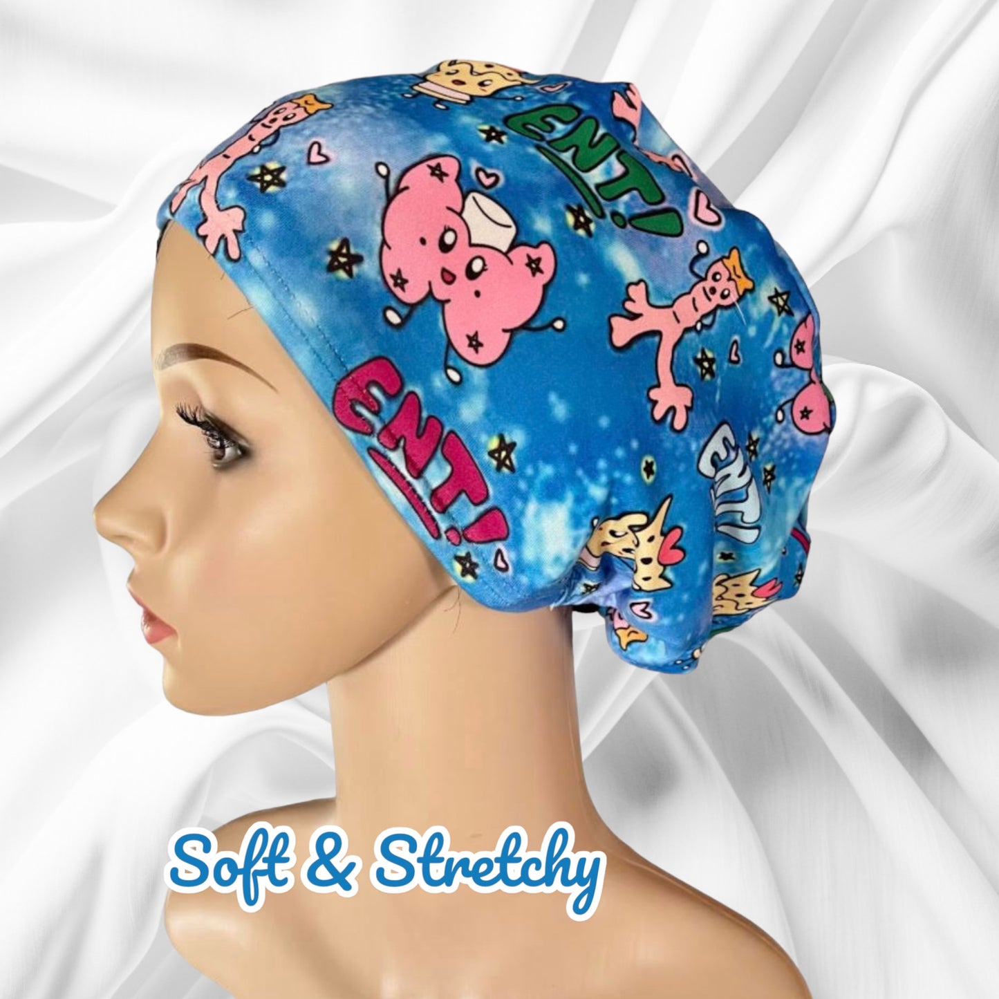 Graphic Cartoon Blue Medical Patten ∙ Scrub Cap Soft & Stretchy ∙ Euro or Unisex style hat ∙ Satin lined option ∙ Adjustable Nurse Cap