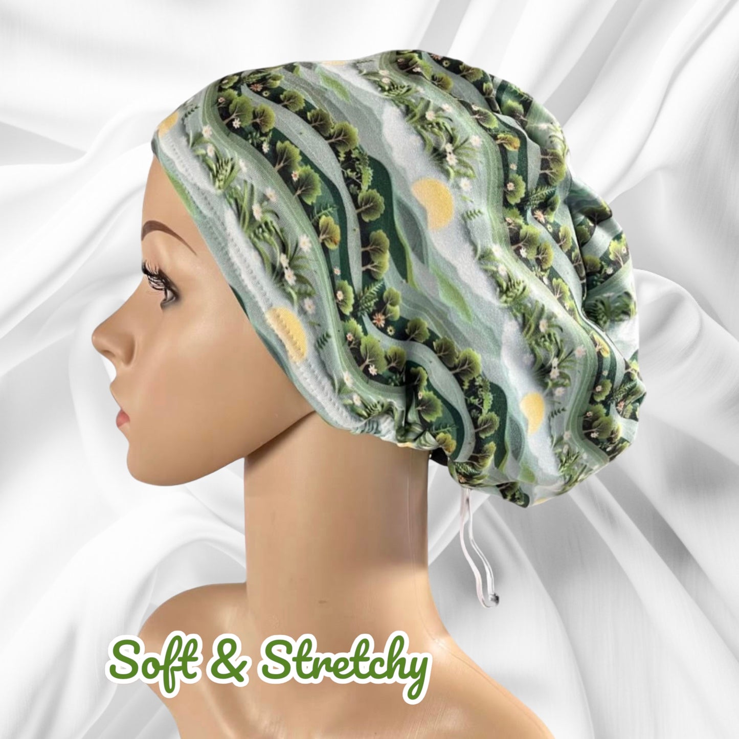 Forrest Green Tree Pattern ∙ Scrub Cap Soft & Stretchy ∙ Euro or Unisex style hat ∙ Satin lined option ∙ Adjustable Nurse Cap