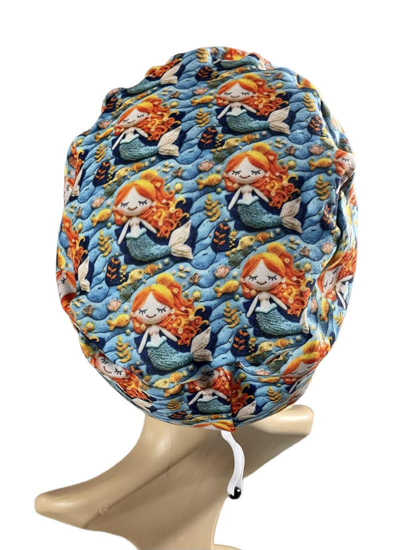 Ocean Mermaid and Fish Pattern ∙ Scrub Cap Soft & Stretchy ∙ Euro or Unisex style hat ∙ Satin lined option ∙ Adjustable Nurse Cap