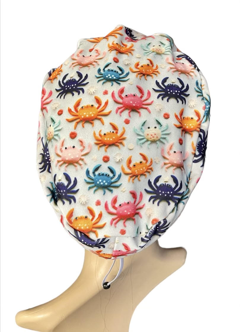 Colorful Crab Pattern ∙ Scrub Cap Soft & Stretchy ∙ Euro or Unisex style hat ∙ Satin lined option ∙ Adjustable Nurse Cap