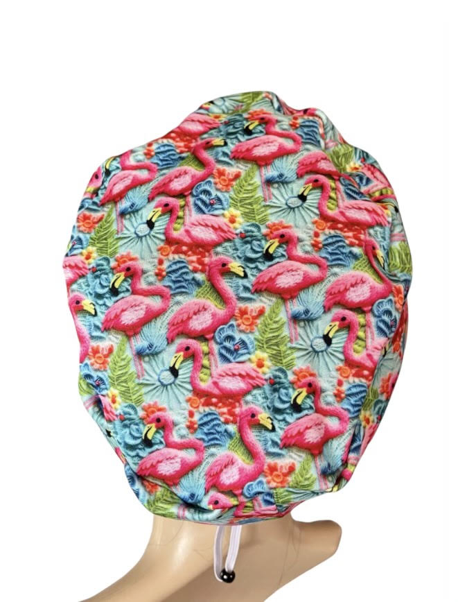 Pink Flamingos Green Palm Trees and Blue Flowers ∙ Scrub Cap Soft & Stretchy ∙ Euro or Unisex style hat ∙ Satin lined option ∙ Adjustable Nurse Cap