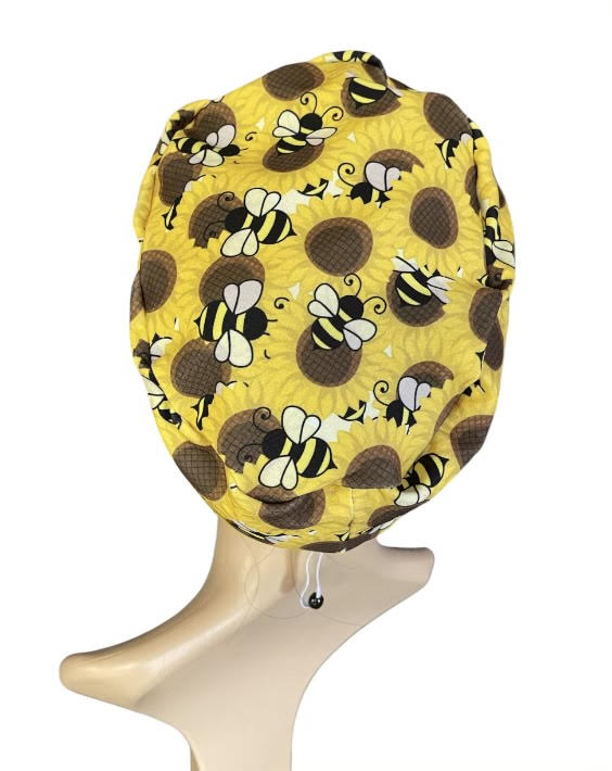 Bumble Bee and Sunflower Pattern  ∙ Scrub Cap Soft & Stretchy ∙ Euro or Unisex style hat ∙ Satin lined option ∙ Adjustable Nurse Cap