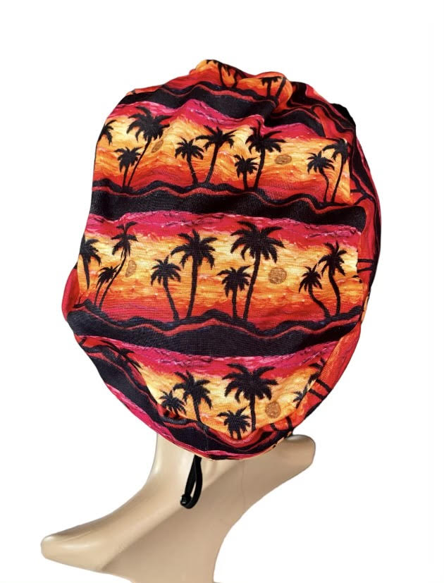 Tropical Palms in Sunset ∙ Scrub Cap Soft & Stretchy ∙ Euro or Unisex style hat ∙ Satin lined option ∙ Adjustable Nurse Cap